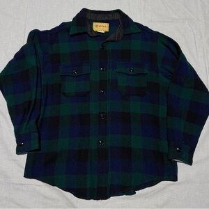Vintage 70s! Melton 100% Wool Green and Blue Plaid Button-Up Shirt